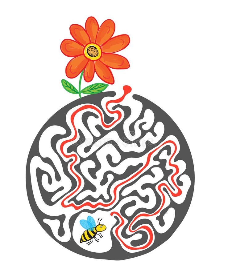 Maze puzzle for kids with bee and flower. Labyrinth illustration, solution included. stock illustration