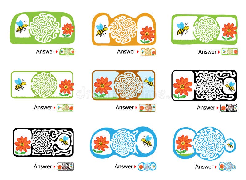Maze puzzle for kids with bee and flower. Labyrinth illustration, solution included. royalty free illustration