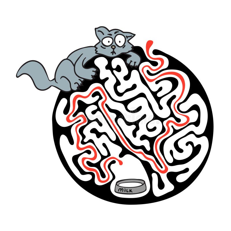 Maze puzzle for kids with cat and milk. Labyrinth illustration, solution included. vector illustration