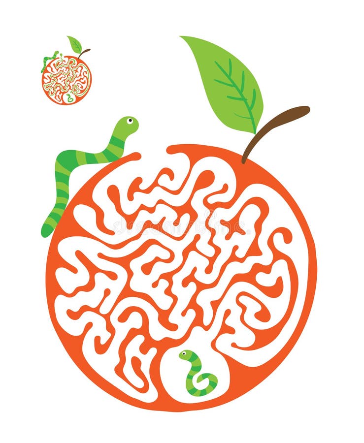 Maze puzzle for kids with caterpillars and apple. Labyrinth illustration, solution included. stock illustration
