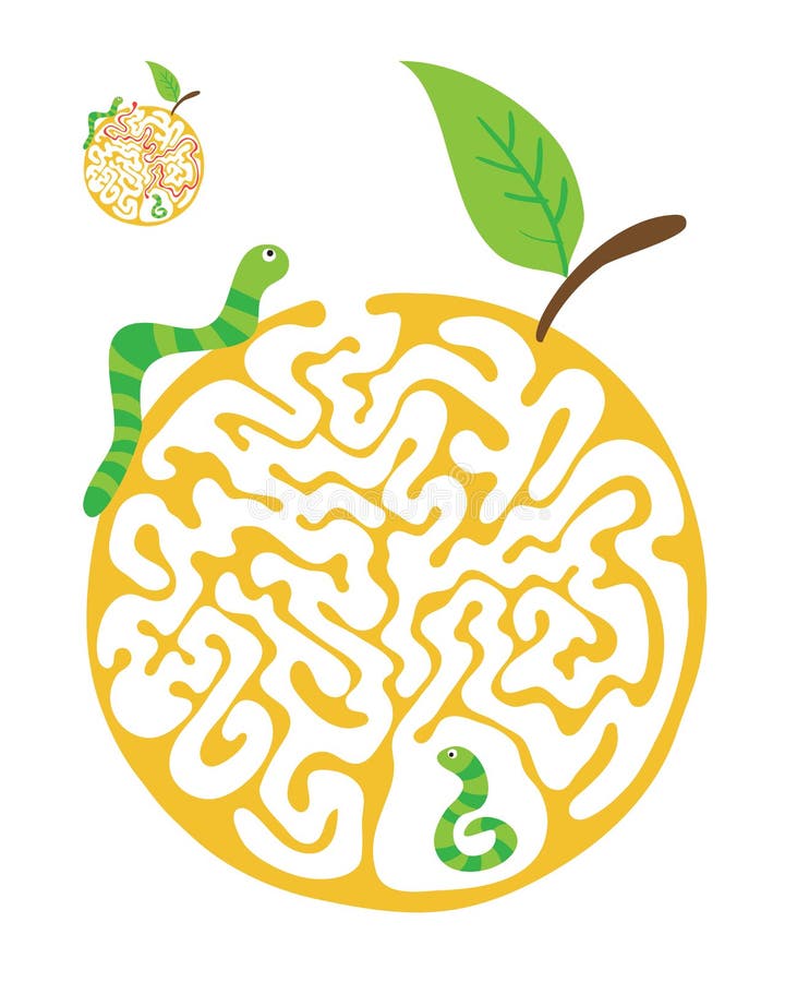 Maze puzzle for kids with caterpillars and apple. Labyrinth illustration, solution included. royalty free illustration