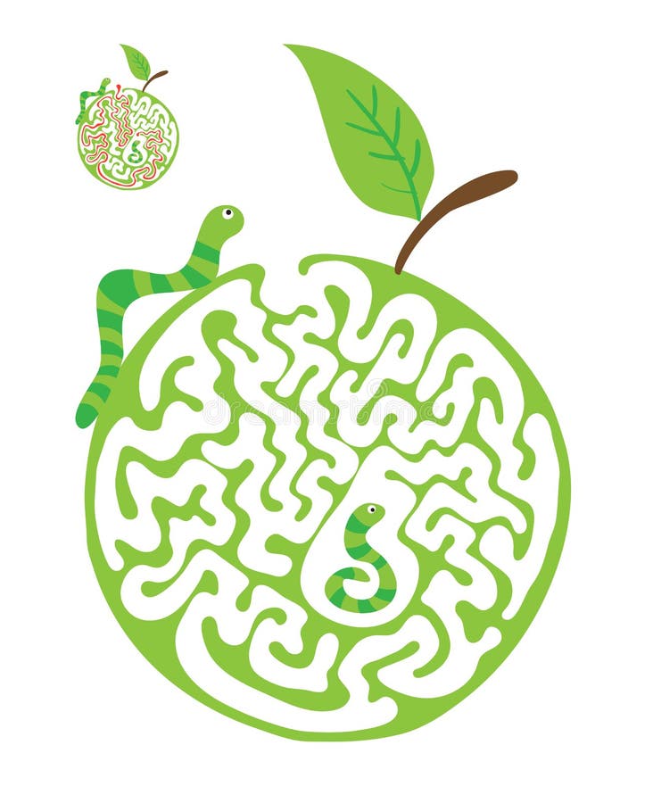 Maze puzzle for kids with caterpillars and apple. Labyrinth illustration, solution included. royalty free illustration