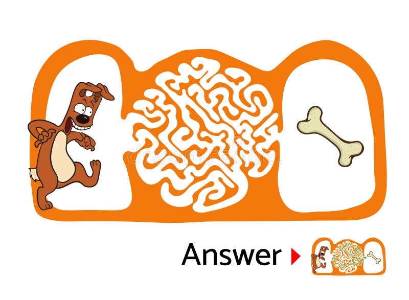 Maze puzzle for kids with dog and bone. Labyrinth illustration, solution included. stock illustration