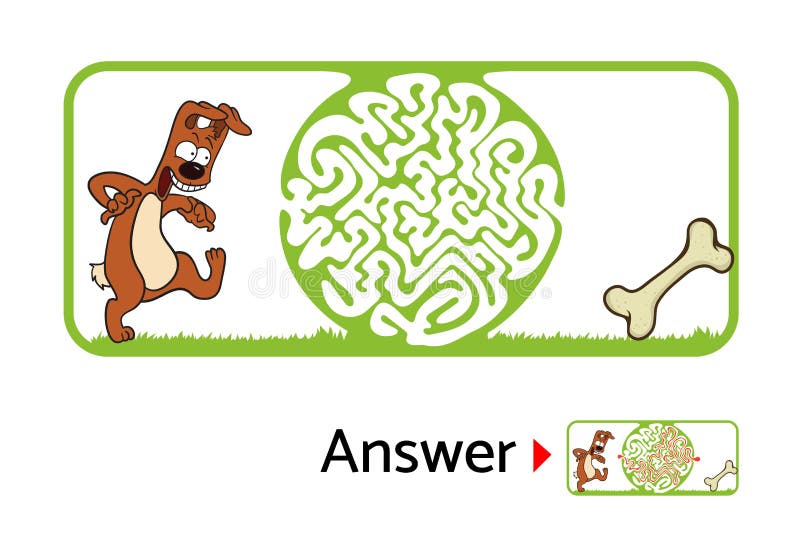 Maze puzzle for kids with dog and bone. Labyrinth illustration, solution included. royalty free illustration