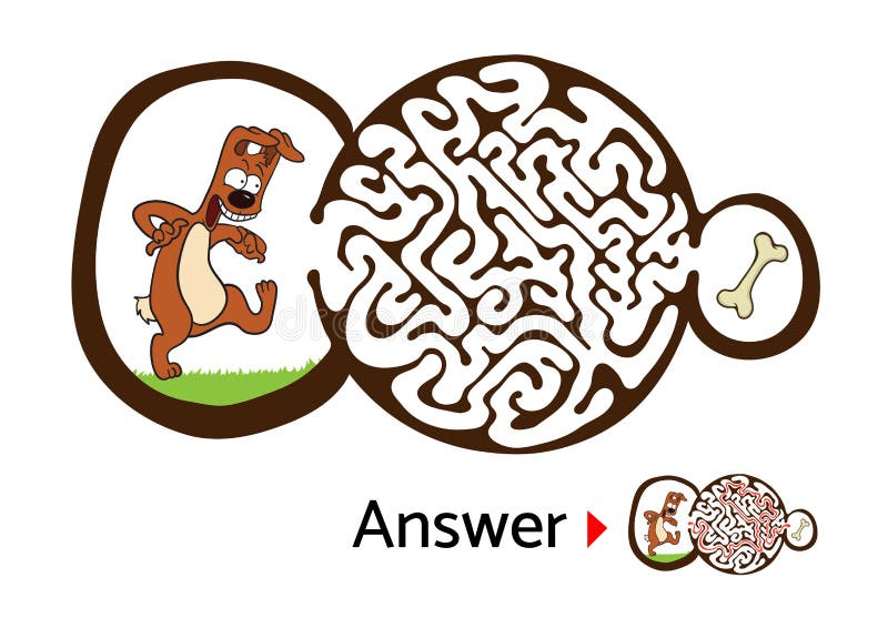 Maze puzzle for kids with dog and bone. Labyrinth illustration, solution included. stock illustration