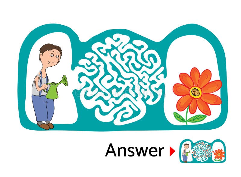 Maze puzzle for kids with gardener and flower. Labyrinth illustration, solution included. vector illustration