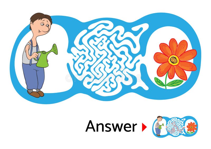Maze puzzle for kids with gardener and flower. Labyrinth illustration, solution included. royalty free illustration