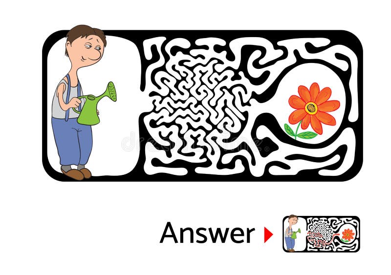 Maze puzzle for kids with gardener and flower. Labyrinth illustration, solution included. royalty free illustration
