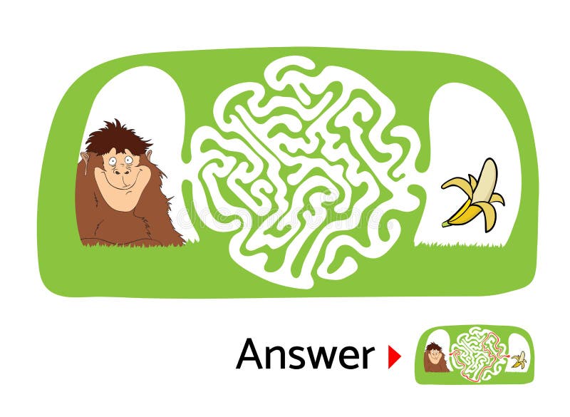 Maze puzzle for kids with monkey and banana. Labyrinth illustration, solution included. royalty free illustration