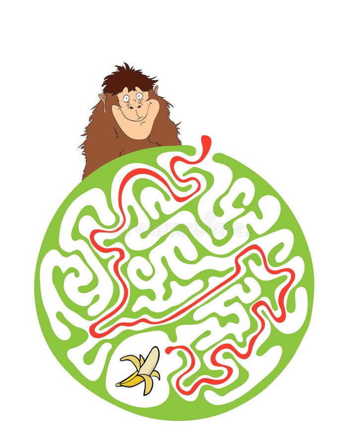 Maze puzzle for kids with monkey and banana. Labyrinth illustration, solution included. royalty free illustration