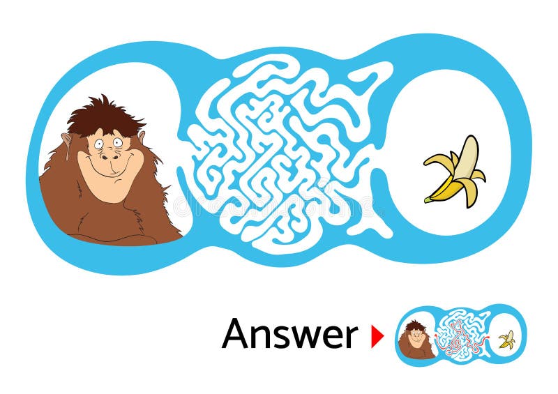 Maze puzzle for kids with monkey and banana. Labyrinth illustration, solution included. royalty free illustration