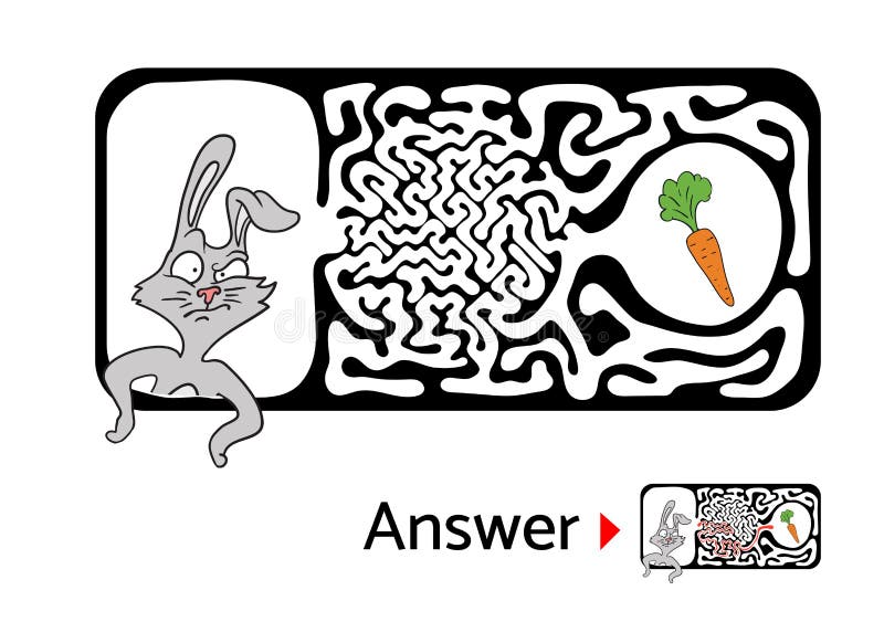 Maze puzzle for kids with rabbit and carrot. Labyrinth illustration, solution included. stock illustration