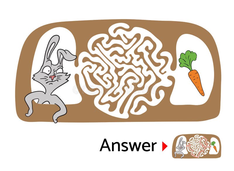Maze puzzle for kids with rabbit and carrot. Labyrinth illustration, solution included. stock illustration