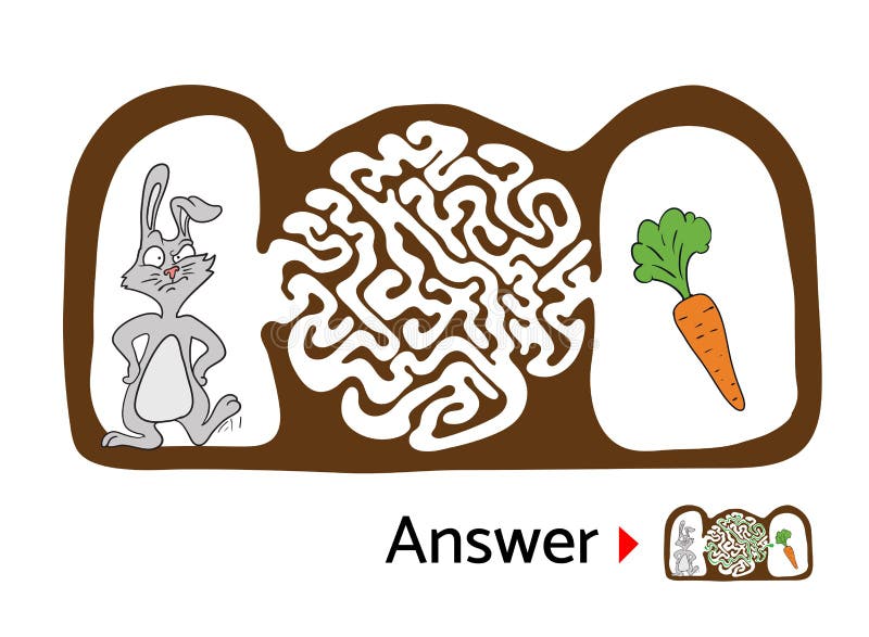 Maze puzzle for kids with rabbit and carrot. Labyrinth illustration, solution included. stock illustration