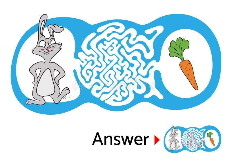 Maze puzzle for kids with rabbit and carrot. Labyrinth illustration, solution included. royalty free illustration