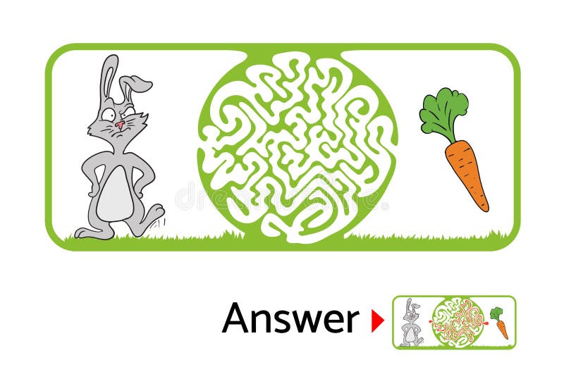 Maze puzzle for kids with rabbit and carrot. Labyrinth illustration, solution included. vector illustration