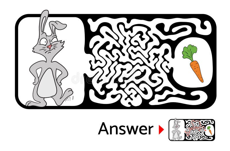 Maze puzzle for kids with rabbit and carrot. Labyrinth illustration, solution included. royalty free illustration