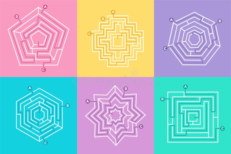 Maze way game set, riddle puzzle collection. Square, circle path and polygonal shapes, mental labyrinth, exit from map