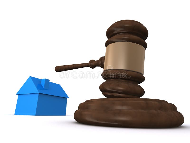 3d rendered illustration of a blue simple house and a gavel. 3d rendered illustration of a blue simple house and a gavel