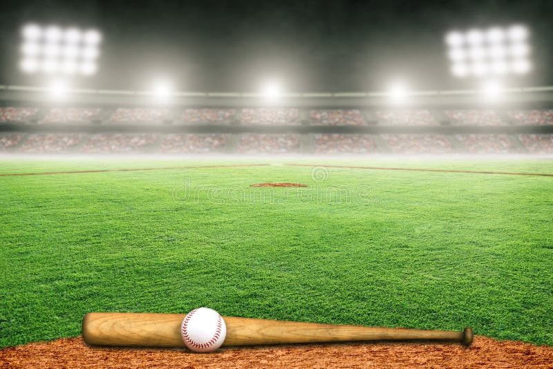 Mazza da baseball e palla sul campo in stadio all'aperto con lo spazio della copia