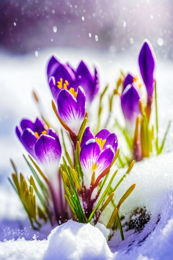Mazzetta di fiori viola seduta sopra una pila di macchie di neve ricoperta di terreno. aie generativa illustrazione vettoriale