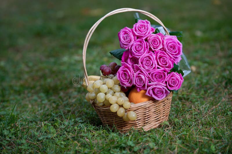 Mazzo delle rose rosa e dei frutti in un canestro su un'erba fotografie stock
