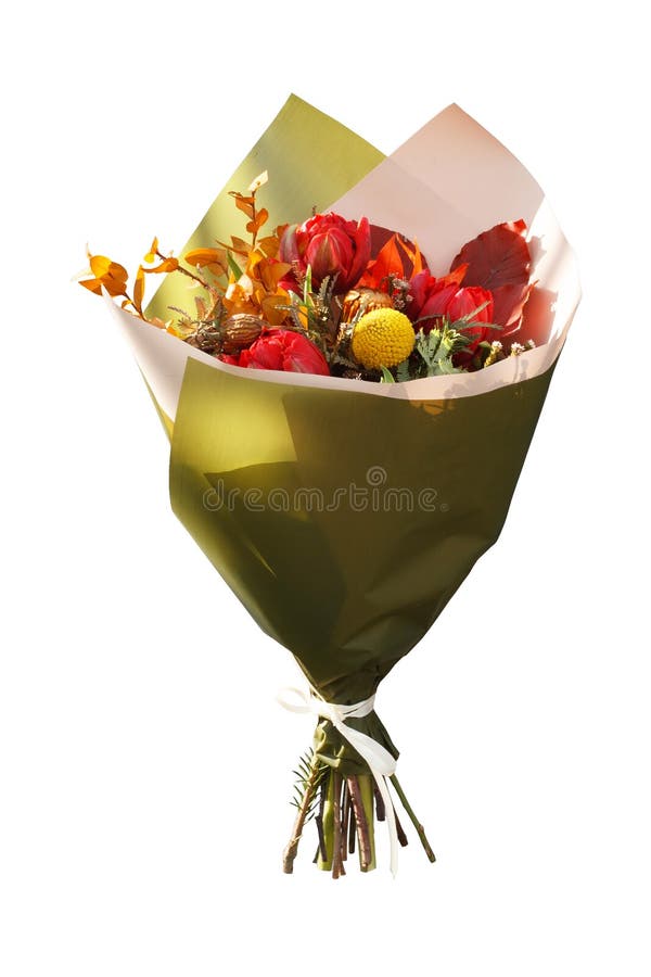 Mazzo di autunno con i tulipani freschi ed i fiori secchi isolati su fondo bianco fotografia stock libera da diritti Mazzo di autunno con i tulipani freschi ed i fiori secchi isolati su fondo bianco fotografia stock libera da diritti