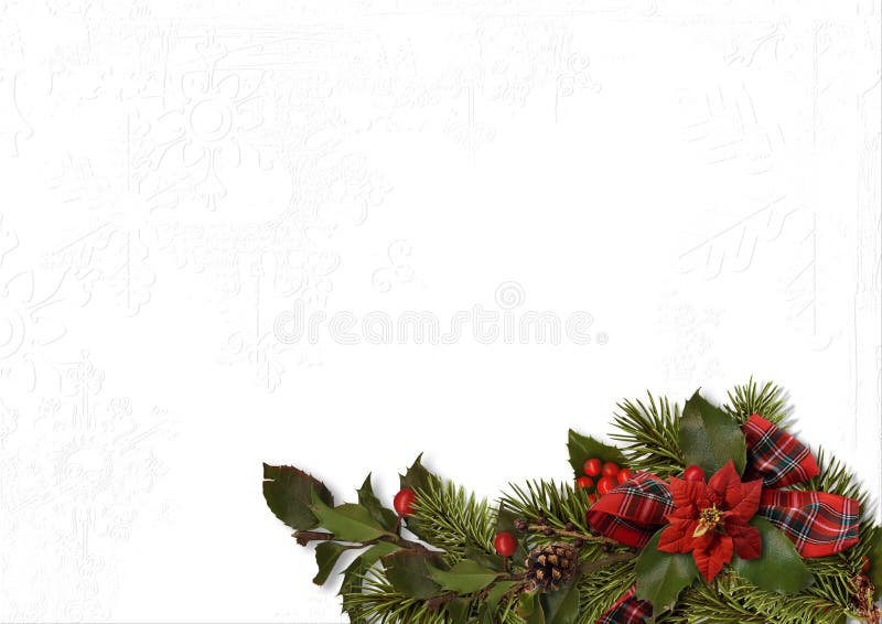 Christmas greeting card. Christmas bouquet with poinsettias and holly. Holiday white background with place for photo and text. Christmas greeting card. Christmas bouquet with poinsettias and holly. Holiday white background with place for photo and text