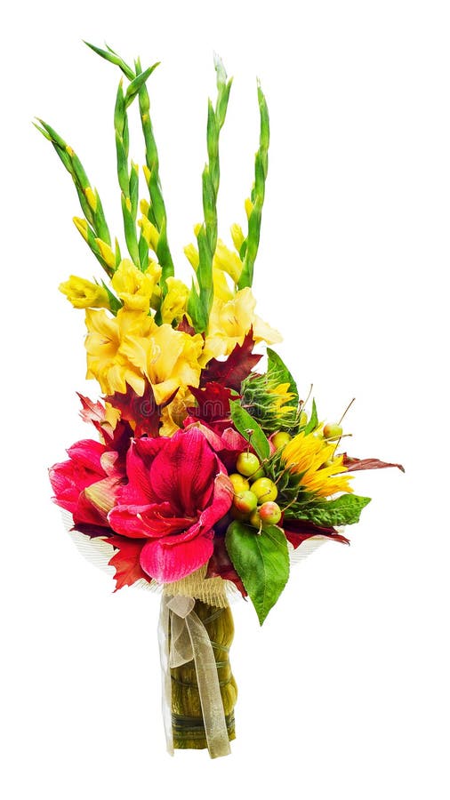 Mazzo variopinto dell'amarillide, gladioli, girasoli, frutti immagini stock libere da diritti