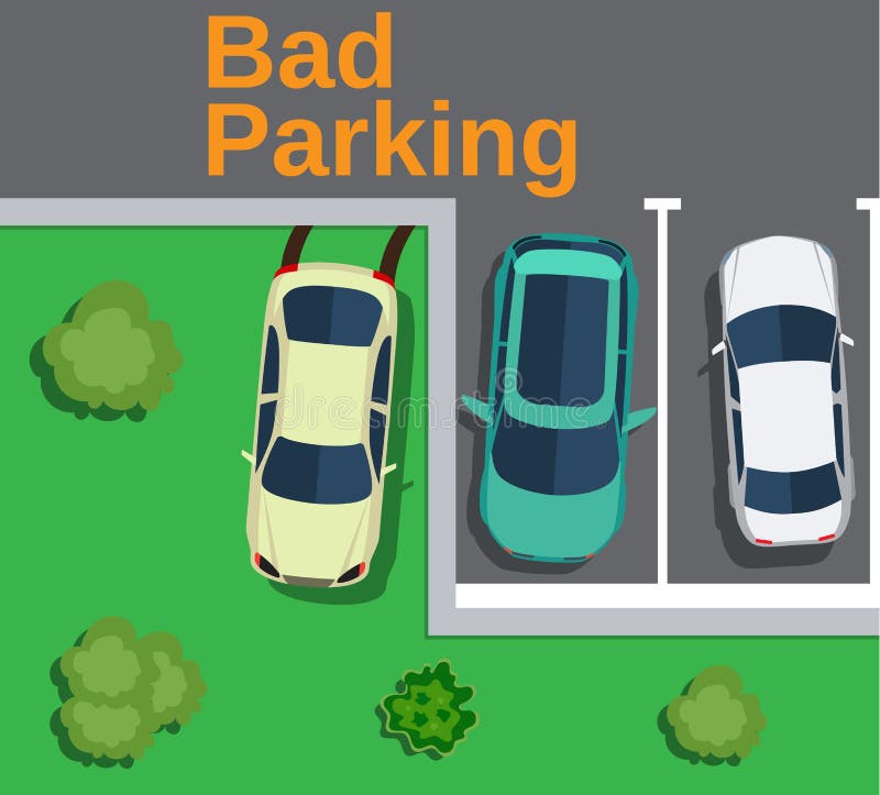 Bad parking. Top view of a car parked on the lawn with trees. Vector illustration in flat design. Bad parking. Top view of a car parked on the lawn with trees. Vector illustration in flat design