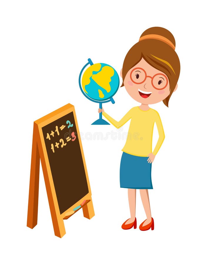 Maître d'école primaire heureux avec le vecteur de bande dessinée de main et de tableau noir de globe illustration stock Maître d'école primaire heureux avec le vecteur de bande dessinée de main et de tableau noir de globe illustration stock