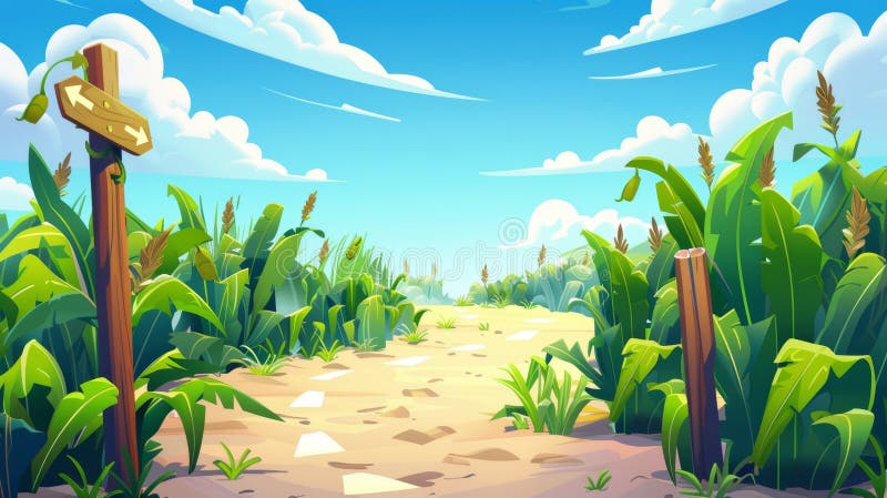 Maize plants and sand between corn fields, wooden post with arrows and traffic signs. Farm agricultural landscape, modern illustration showing a natural scene.. AI generated. Maize plants and sand between corn fields, wooden post with arrows and traffic signs. Farm agricultural landscape, modern illustration showing a natural scene.. AI generated