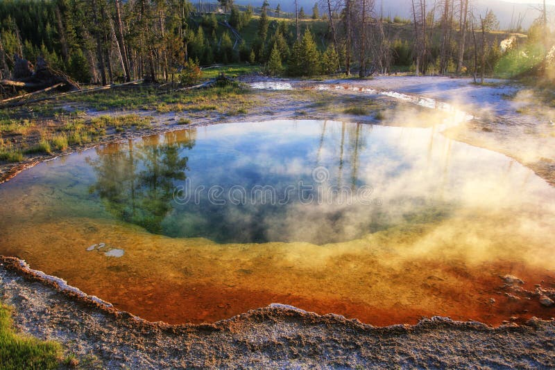 Mañana Glory Pool en la puesta del sol, Yellowstone foto de archivo Mañana Glory Pool en la puesta del sol, Yellowstone foto de archivo