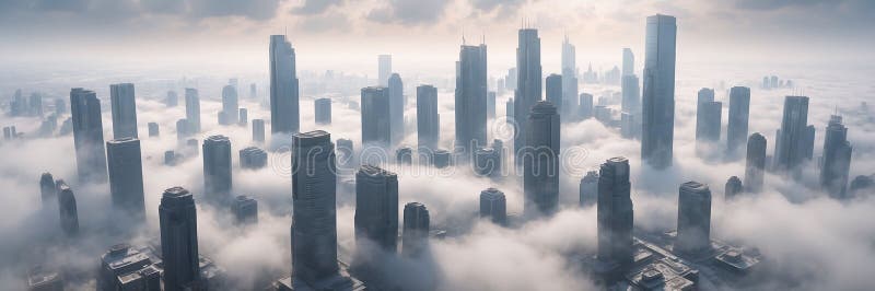 Mañana nublada en una megápolis con rascacielos levantándose por las nubes ilustración del vector