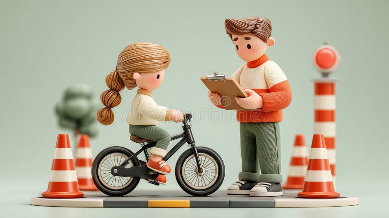 Mała dziewczynka na czarnym rowerze, która zdała egzamin bezpieczeństwa od instruktora trzymającego schowek. ilustracji