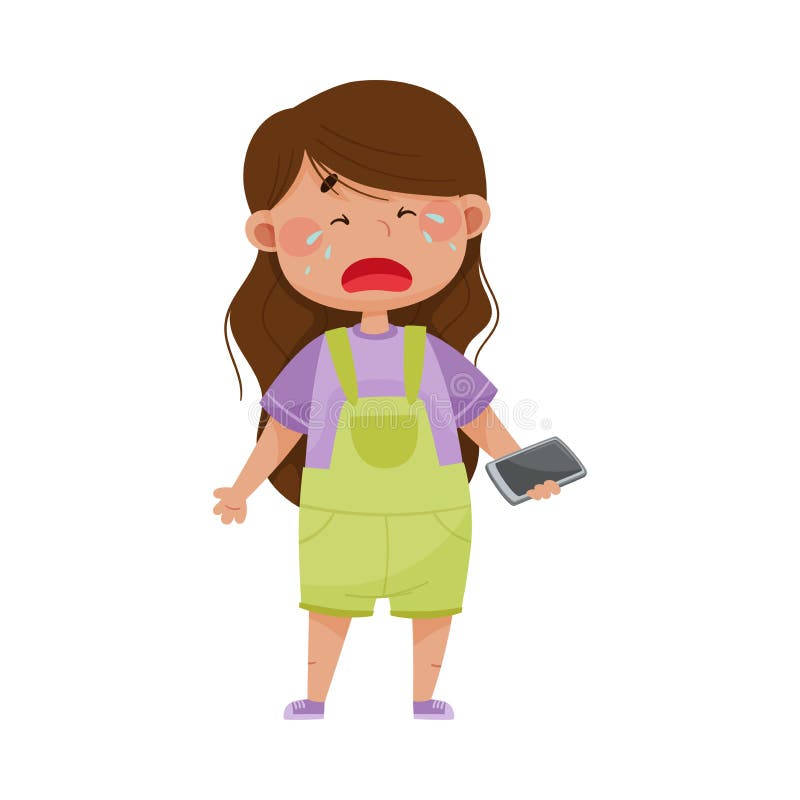 Little Girl Standing with Smartphone in Her Hand and Crying Out Loud Vector Illustration. Little Kid Feeling Sad Because of Failure to Play the Cell Phone. Little Girl Standing with Smartphone in Her Hand and Crying Out Loud Vector Illustration. Little Kid Feeling Sad Because of Failure to Play the Cell Phone