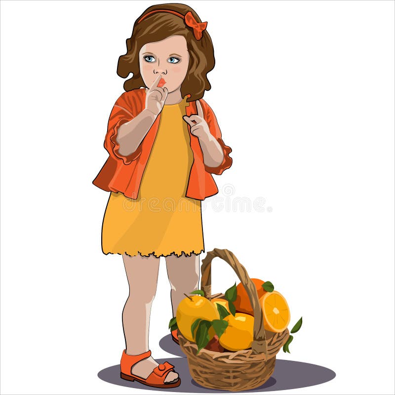 Mała dziewczynka z brązu włosy w pomarańczowej sukni z koszem pomarańcze ilustracji Mała dziewczynka z brązu włosy w pomarańczowej sukni z koszem pomarańcze ilustracji