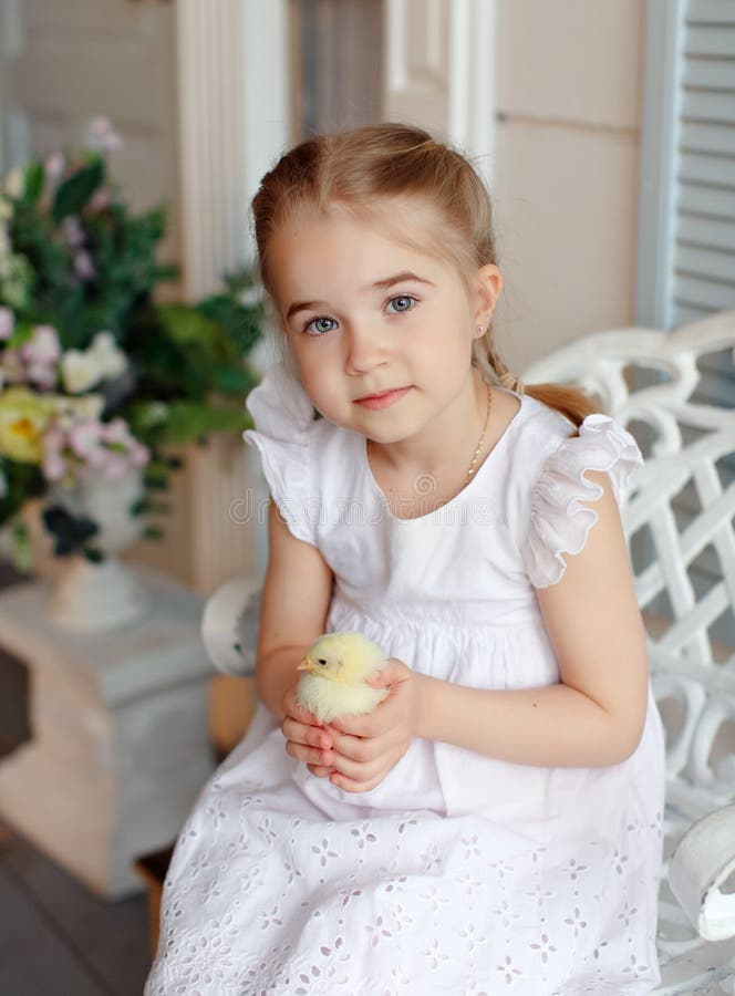 Mała miedzianowłosa dziewczyna trzyma żółtego chicke z pigtails zdjęcie stock Mała miedzianowłosa dziewczyna trzyma żółtego chicke z pigtails zdjęcie stock
