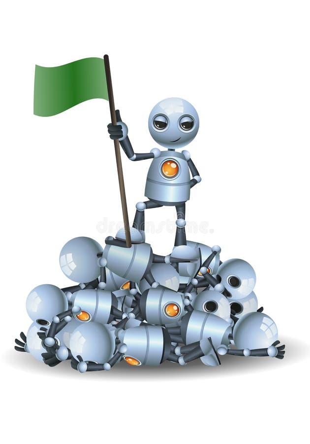 Mała robota chwyta flaga na górze stosu inni roboty ilustracja wektor Mała robota chwyta flaga na górze stosu inni roboty ilustracja wektor