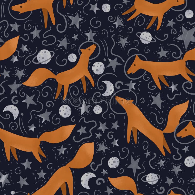 Małe lisy w stroju kosmicznym Ilustracja w stylu skandynawskim Bezproblemowy wzór z astronautami na gwiazdzie