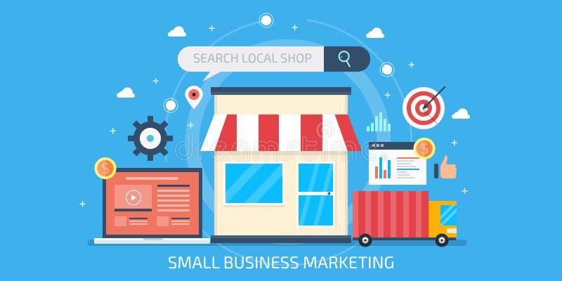Małego biznesu marketing, lokalny biznesowy optymalizacja, seo marketing, internet reklama dla małych sklepów Płaski projekta szt ilustracja wektor Małego biznesu marketing, lokalny biznesowy optymalizacja, seo marketing, internet reklama dla małych sklepów Płaski projekta szt ilustracja wektor