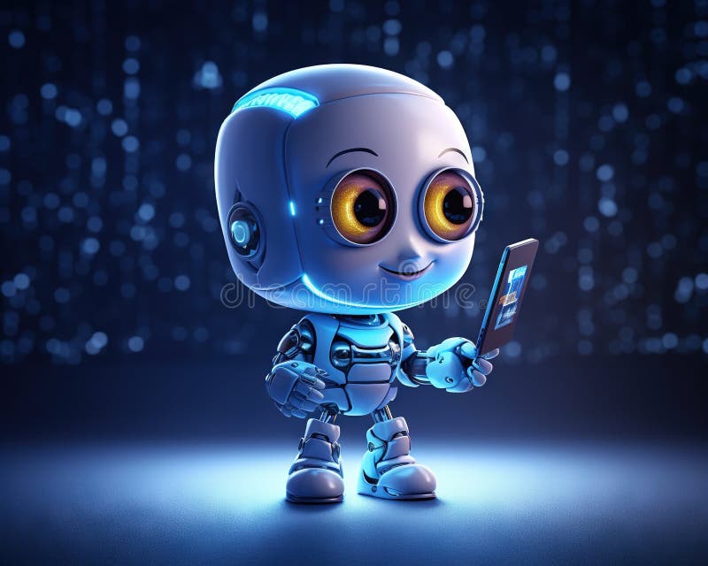 Mały spacer z jej zabawnym robotem, który używa telefonu komórkowego. zdjęcie royalty free