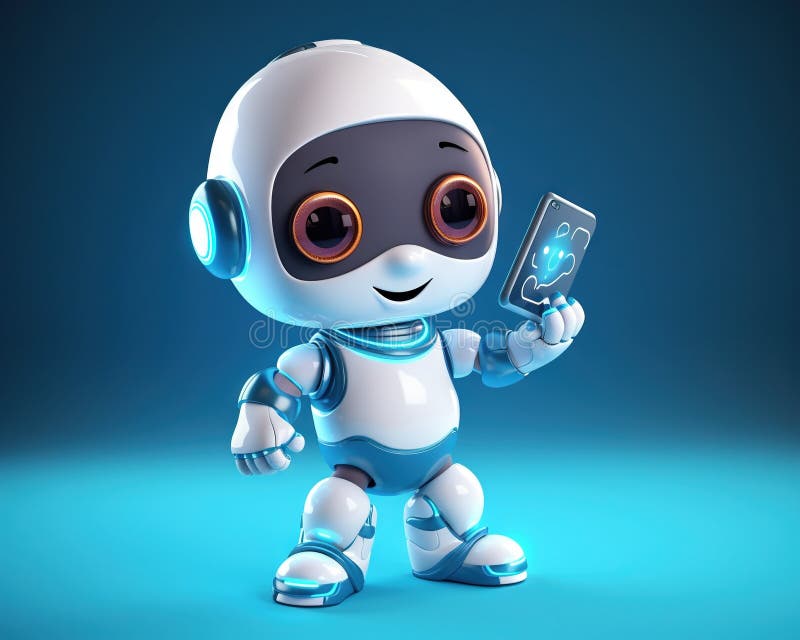 Mały spacer z jej zabawnym robotem, który używa telefonu komórkowego. obraz royalty free