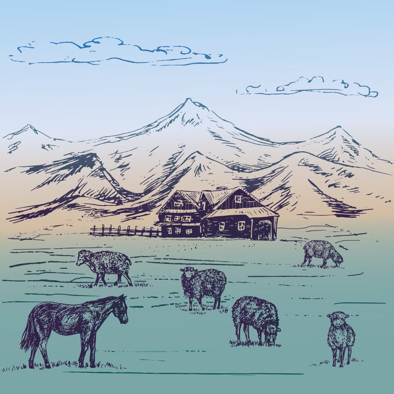 Small country house in mountains with sheeps herd and horse on hills, hand drawn doodle, sketch in pop art style, outline vector illustration on soft background. Small country house in mountains with sheeps herd and horse on hills, hand drawn doodle, sketch in pop art style, outline vector illustration on soft background