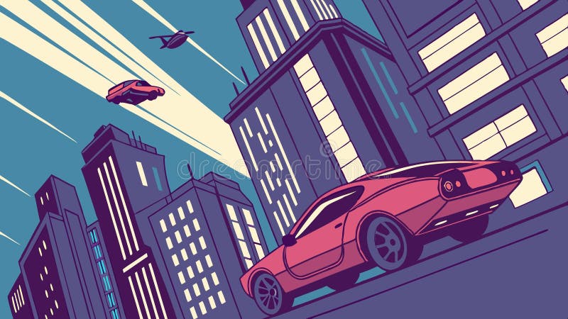 Mașini zburătoare într-un oraș futurist, transport urban, peisaj urban SF, design vectorial Generative AI stock illustration