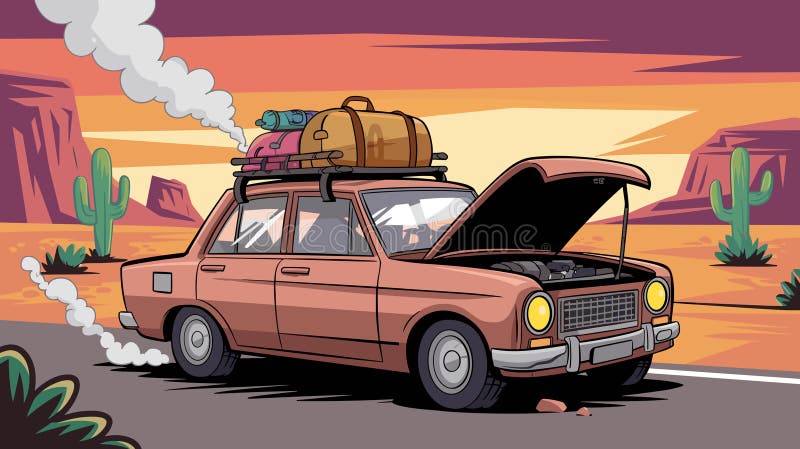 Mașină spartă cu bagaje pe acoperiș și fum venind de sub capotă deschisă stând pe șosea în deșert cu cactus și rock hi... vector illustration