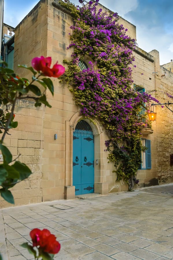 Mdina, Malta: Traditional Maltese Limestone House with Bright Purple ...