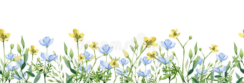 Meadow floral botanical seamless border design.Horizontal herbal banners on white background for wedding invitation, business products. web banner with leaves, branches, widflowers