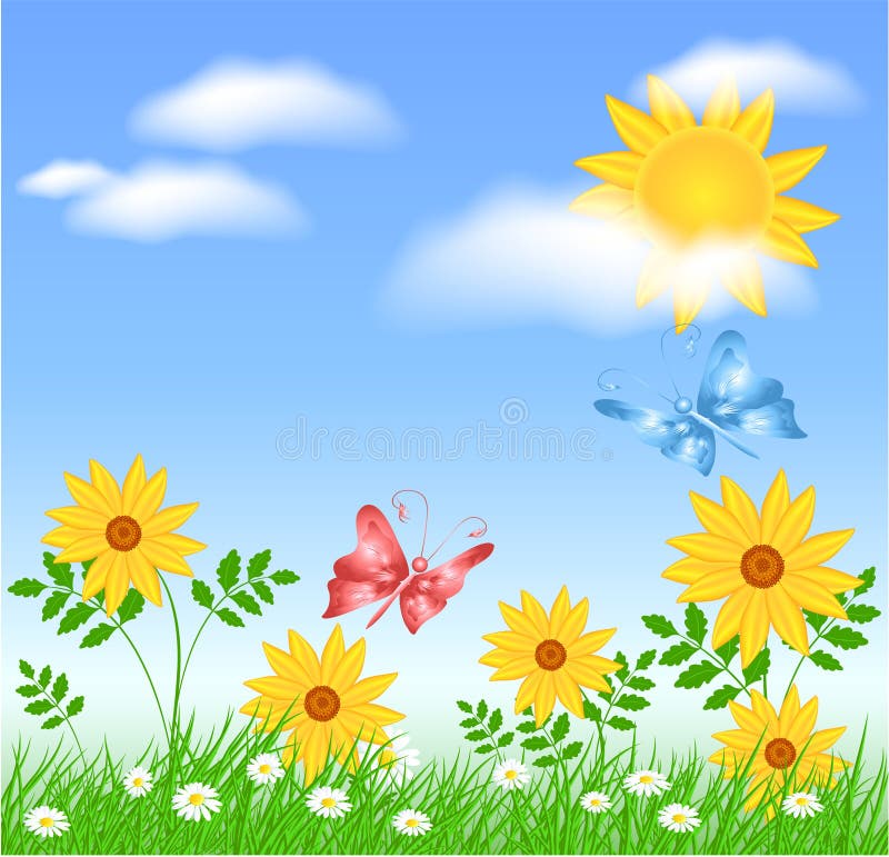 Meadow flowers and sun vector illustration