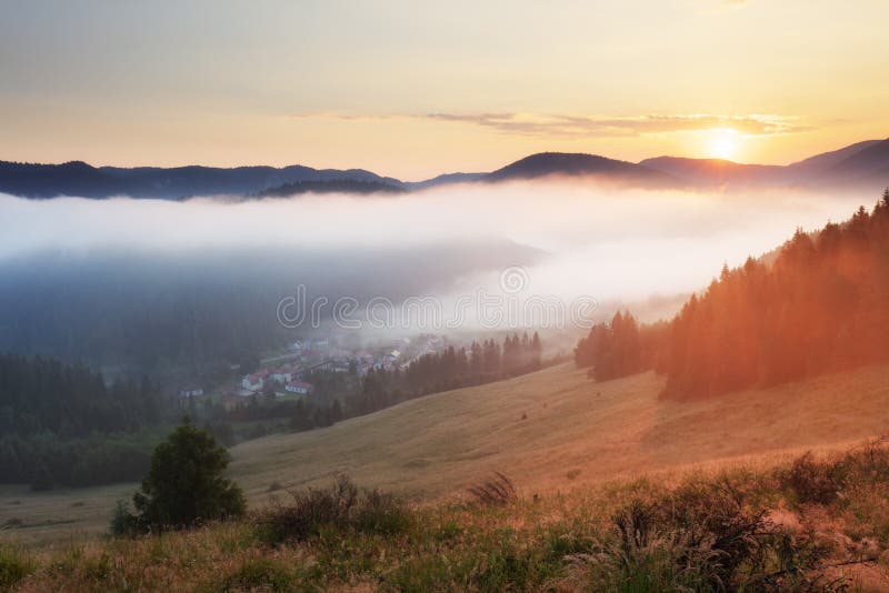 Meadow and hills at sunrise, Mlynky, Slovakia